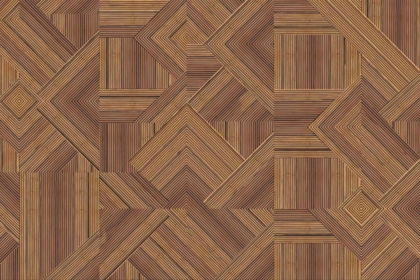Geometric wooden pattern with intricate, angular designs; features various shades and directions of wooden stripes. Abstract symmetric arrangement includes rectangular and diamond shapes, creating a visually interesting textured surface. Key elements: geometric pattern, angular designs, wooden stripes in various shades, symmetric arrangement, rectangular shapes, diamond shapes. Resembles Walnut Cove's timeless charm.