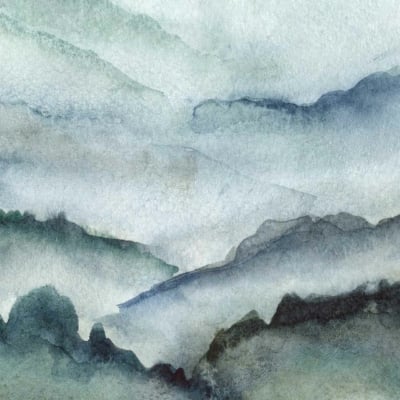 Watercolor wallpaper of misty mountains with layers of soft, muted shades. Features green, blue, and gray hues. Peaks gently blurred by clouds and fog create a serene, tranquil atmosphere.