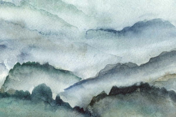 Watercolor wallpaper of misty mountains with layers of soft, muted shades. Features green, blue, and gray hues. Peaks gently blurred by clouds and fog create a serene, tranquil atmosphere.