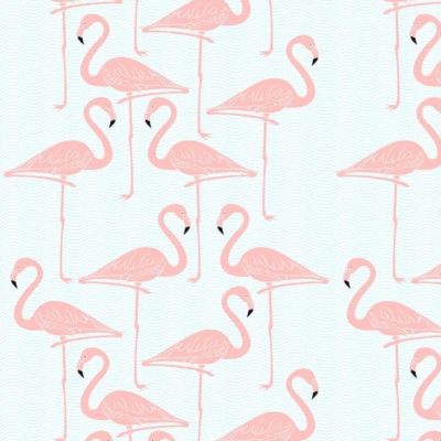 Seamless pattern, pink flamingos, light blue background, wavy lines, serene West Coast vibe, evenly spaced flamingos, alternating directions.