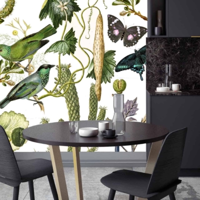Botanical mural with green birds, butterflies, and various plants. Whimsical charm from