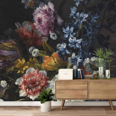 Dark floral mural wallpaper features intricate patterns of deep blue roses, rich burgundy peonies, and lush green leaves, accented by subtle gold vines. Perfect for adding a touch of elegance and calm atmosphere to the room.