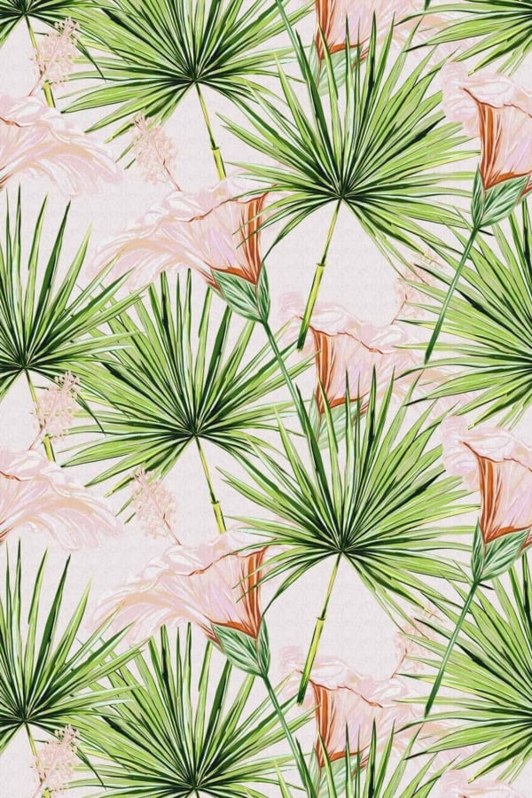 This botanical wallpaper features large, vibrant green palm leaves and delicate pastel pink flowers. The lush greenery contrasts beautifully with the soft pink blossoms against a light, neutral background, evoking tropical landscapes reminiscent of historical times. The overall texture is fresh and tropically inviting.