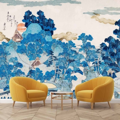 Traditional-style mural with detailed blue-hued trees, houses, and a sun partially covered by clouds. The wallpaper has intricate elements and predominantly features shades of blue.