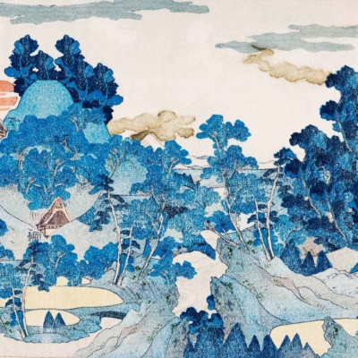 Traditional Japanese landscape wallpaper with dense blue foliage, rolling hills, two small houses among trees. Partly cloudy sky with a red setting sun behind left-side hills. Japanese calligraphy in the upper left. Elements: dense blue foliage, rolling hills, small houses among trees, partly cloudy sky, red setting sun, Japanese calligraphy. Colors: blue, green, red and white.
