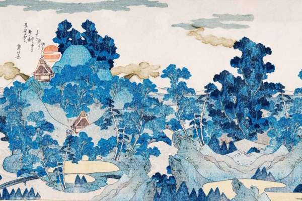 Traditional Japanese landscape wallpaper with dense blue foliage, rolling hills, two small houses among trees. Partly cloudy sky with a red setting sun behind left-side hills. Japanese calligraphy in the upper left. Elements: dense blue foliage, rolling hills, small houses among trees, partly cloudy sky, red setting sun, Japanese calligraphy. Colors: blue, green, red and white.