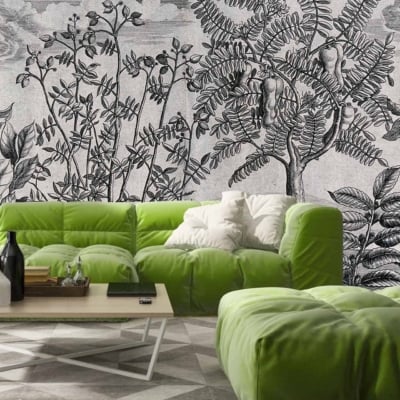 The wallpaper features a monochromatic botanical mural with plants and trees, evoking the serene essence of