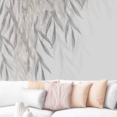 The wallpaper is a soft gray leafy mural, featuring subtle leaf patterns in various shades of gray. The delicate design creates a serene and airy ambiance, perfect for minimalist décor. Key elements include soft hues, leaves, and a muted gray palette.