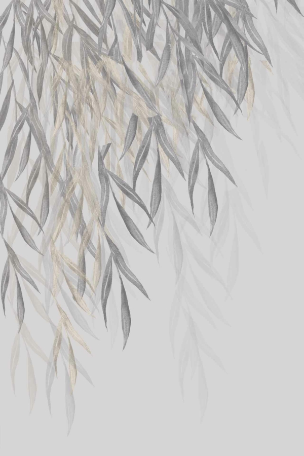 Minimalistic wallpaper features delicate, overlapping willow leaves in shades of gray and pale yellow cascading downward. Soft, light gray background enhances the tranquil and airy feel. Ethereal quality with a sparse color palette.