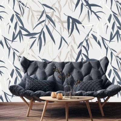 Abstract leaf-patterned wallpaper in shades of gray and beige.