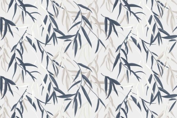 Seamless wallpaper pattern, artistic design, slender abstract leaves, shades of blue, gray, beige, light gray background. Leaves vary in length and direction. Dynamic, layered effect. Resemblance to Willow Creek style.