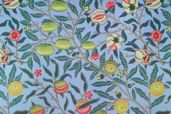 Light blue background, intricate botanical design, green leaves and branches, pomegranates, melons, red and yellow flowers, elegant natural pattern.