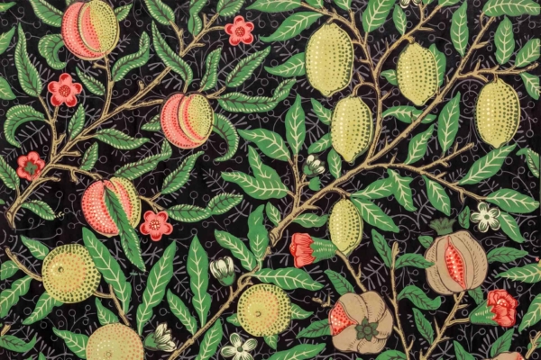 Detailed botanical wallpaper on a dark background showcases green leaves, branches adorned with vibrant red and yellow peaches, and textured pomegranates. Interspersed are red and white flowers. The scene evokes the aesthetic of Windsor's gardens. Key elements: branches, fruits (peaches, pomegranates), flowers (red, white), dark background, green leaves.