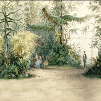 Serene winter garden wallpaper features lush greenery, tall trees, muted whites and greys indicative of snow, hints of deep green foliage. The left side depicts three people seated on ornate chairs around a table engrossed in conversation. On the right, a solitary figure stands gazing at the landscape. Colors include gentle blues for the sky and subtle touches of earth tones to highlight shadows and textures.