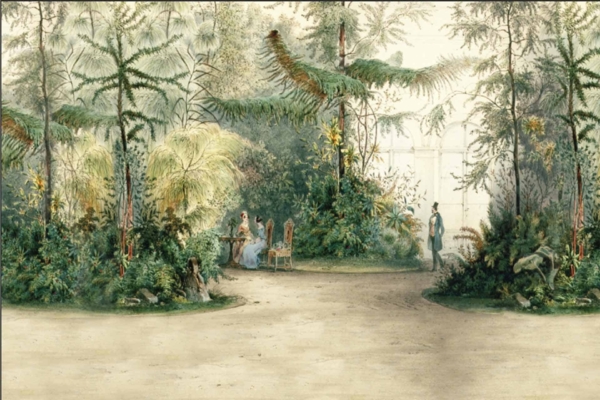 Serene winter garden wallpaper features lush greenery, tall trees, muted whites and greys indicative of snow, hints of deep green foliage. The left side depicts three people seated on ornate chairs around a table engrossed in conversation. On the right, a solitary figure stands gazing at the landscape. Colors include gentle blues for the sky and subtle touches of earth tones to highlight shadows and textures.