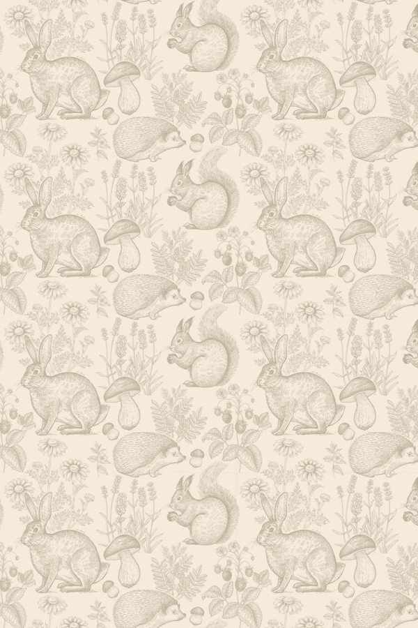 Woodland Friends seamless pattern features detailed sketches of rabbits, squirrels, and hedgehogs among plants, mushrooms, and berries. The design is monochromatic with a vintage aesthetic on a beige background.