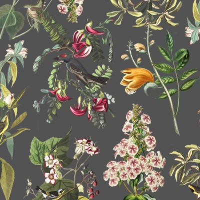 An ornate wallpaper featuring colorful birds perched on branches amidst vibrant flowers and leaves, all set against a dark grey background. Includes elements like tulips, ferns, and detailed botanical illustrations. Highlights include arrays of red, blue, green, yellow, pink, and orange hues. Immersive World of Birds design with intricate patterns.