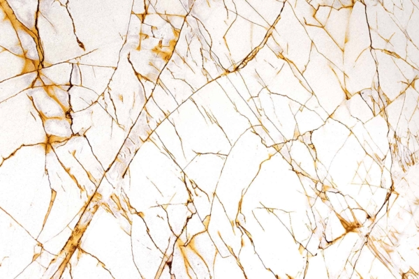 Close-up view of a white marble surface with intricate gold and brown veining patterns. The web-like design features intersecting veins forming abstract shapes, adding texture and depth to the smooth, polished stone. Colors include white, gold, and brown.