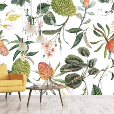 The wallpaper features a vibrant array of colorful flowers and leaves. Elements include roses, tulips, orchids, and ferns. Colors are rich and varied: reds, pinks, yellows, blues, greens, purples. The pattern is dense with botanical details creating a lush garden feel against the white wall.