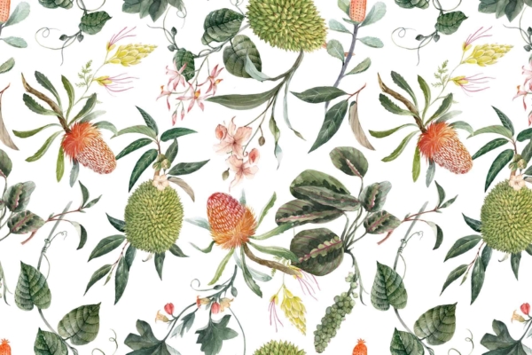 Seamless botanical wallpaper featuring detailed illustrations of green leaves, orange blooms, pink buds, and spiky green fruits on a white background. Elements: foliage, flowers. Colors: green, orange, pink, white.