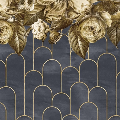 Golden flowers and leaves, dark blue and gold geometric design, arch-like pattern, floral motif, elegant contrasting backdrop.