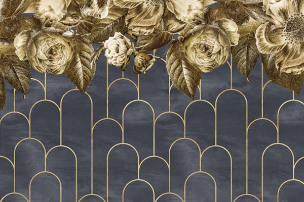 Golden flowers and leaves, dark blue and gold geometric design, arch-like pattern, floral motif, elegant contrasting backdrop.
