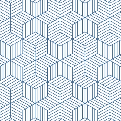 A seamless geometric wallpaper featuring blue hexagons and cubes formed by diagonal lines. The pattern creates a three-dimensional, optical illusion effect on a white background. Perfect for adding a poly touch to your Wednesday decor. Colors include shades of blue and white.