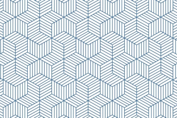 A seamless geometric wallpaper featuring blue hexagons and cubes formed by diagonal lines. The pattern creates a three-dimensional, optical illusion effect on a white background. Perfect for adding a poly touch to your Wednesday decor. Colors include shades of blue and white.