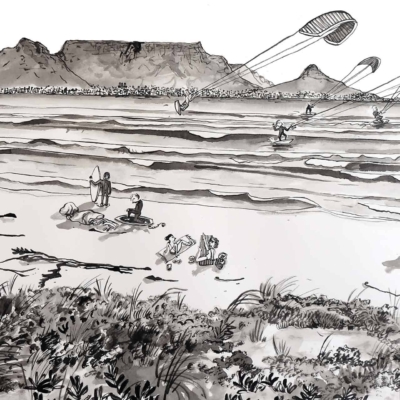 Illustration of Bloubergstrand, Cape Town: Black-and-white beach scene featuring surfers, paragliders, and beachgoers. Mountain range in the background. Foreground with grassy dunes leading to the beach; people on sand and in water. Elements: grassy dunes, mountain range, surfers, paragliders, beachgoers. Colors: black and white.