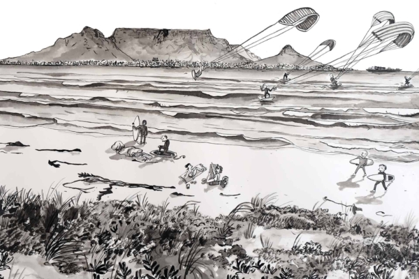 Illustration of Bloubergstrand, Cape Town: Black-and-white beach scene featuring surfers, paragliders, and beachgoers. Mountain range in the background. Foreground with grassy dunes leading to the beach; people on sand and in water. Elements: grassy dunes, mountain range, surfers, paragliders, beachgoers. Colors: black and white.