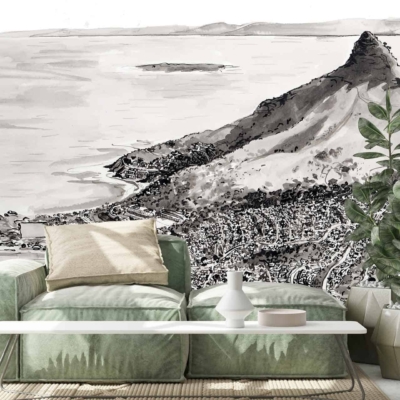 Grayscale mural of Camps Bay's coastal landscape, featuring a prominent mountain and sea.