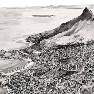 A grayscale illustration of a coastal town features numerous buildings around a prominent hill. The hill's peak rises sharply while surrounding areas depict beaches, roads, and dense residential zones. The ocean extends into the horizon with a beautiful bay view. Elements: buildings, hill, peak, beaches, roads, residential areas, ocean, horizon. Colors: grayscale shades (black, white, gray).