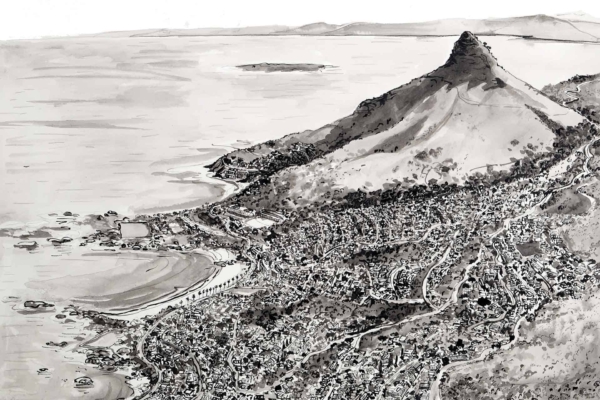 A grayscale illustration of a coastal town features numerous buildings around a prominent hill. The hill's peak rises sharply while surrounding areas depict beaches, roads, and dense residential zones. The ocean extends into the horizon with a beautiful bay view. Elements: buildings, hill, peak, beaches, roads, residential areas, ocean, horizon. Colors: grayscale shades (black, white, gray).
