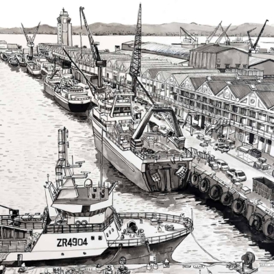 A detailed black-and-white illustration of Cape Town Harbour highlights docked ships and cranes at the docks. In the foreground, two prominent ships stand out among multiple smaller vessels. Industrial buildings and warehouses line the docks while workers move about busily. Distant hills frame the background scenery. The repetitive elements in this wallpaper include:
- Ships
- Cranes
- Warehouses
- Workers
- Docks
- Industrial buildings 
- Hills in the background

All these elements are rendered in shades of black, white, and gray, creating a monochromatic yet intricate depiction suitable for wallpaper.