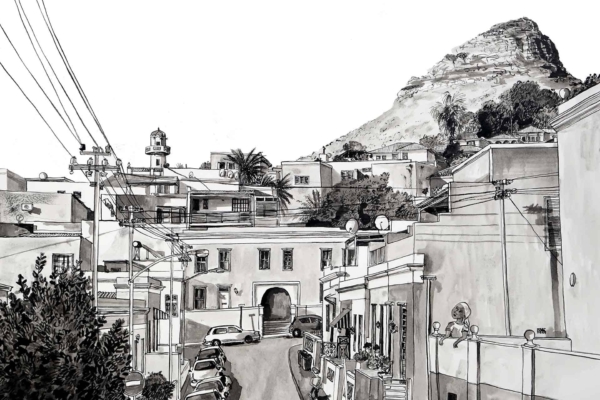 A monochrome illustration shows a Mediterranean town's wallpaper with narrow streets, parked cars, and flat-roofed buildings. Power lines crisscross the scene. A large hill with greenery and a rocky peak looms in the background, echoing Chiappini Street's charm. Elements: narrow streets, parked cars, flat roofs, power lines, hill with foliage and rocky peak. Colors: black and white.