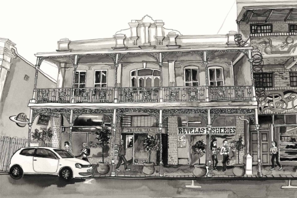 Illustration Description for Search Function:

- **Style**: Black and white
- **Scene**: Street
  - **Building**: Two-story, ornate balconies
  - **Stores/Labels**:
    - "Tailors, Leather"
    - "Revelas Fisheries"
    - "Clarkes Bookshop"
  - **Sidewalk**:
    - People walking  
- **Vehicle**: White car parked

*Note*: This scene is in black and white with focus on detailed elements, not colors.