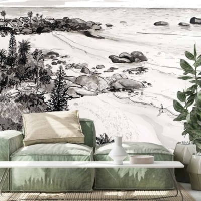 The wall features a black-and-white mural of Cape Town's 3rd Beach at Clifton. It depicts a coastal landscape with beach, rocks, palm trees, and a person walking along the shore. The mural is monochromatic with shades of black, white, and various tones of gray.