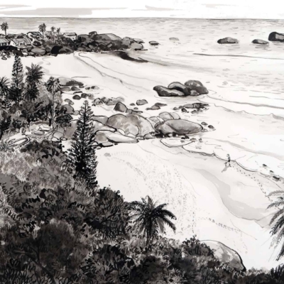 **Black and White Drawing of Coastal Scene at Clifton**

*Elements in Wallpaper:*
- Rocky shores
- Sandy beaches
- Ocean waves
- Dense vegetation in the foreground
- Palm trees in the foreground
- Houses lining the distant background near the shore
- A single figure walking along 3rd Beach

*Colors:*
- Black 
- White