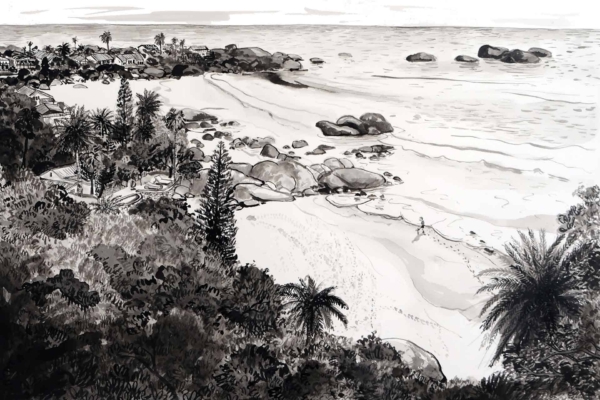 **Black and White Drawing of Coastal Scene at Clifton**

*Elements in Wallpaper:*
- Rocky shores
- Sandy beaches
- Ocean waves
- Dense vegetation in the foreground
- Palm trees in the foreground
- Houses lining the distant background near the shore
- A single figure walking along 3rd Beach

*Colors:*
- Black 
- White