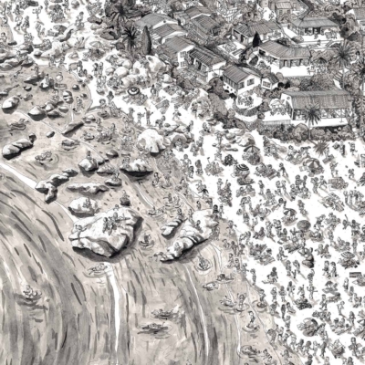 Black-and-white illustration, crowded Clifton Beach: numerous beachgoers sunbathing, swimming; densely arranged buildings, trees to the right; large rock formations on shoreline. Elements: beachgoers, sunbathing, swimming, buildings, trees, rock formations. Colors: black-and-white.