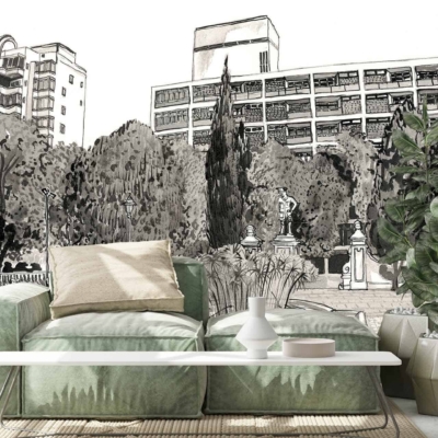 Monochrome illustration of Company Gardens with trees and buildings.