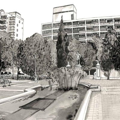 The wallpaper features a black and white sketch of the Company Gardens, showcasing tall trees, benches, lampposts, and a central fountain adorned with plants. The backdrop includes multi-story buildings: a modern apartment complex alongside an older office structure. Key elements include **trees**, **benches**, **lampposts**, **fountain with plants**, **modern apartment complex**, and **older office building**. Predominantly black and white color scheme throughout.