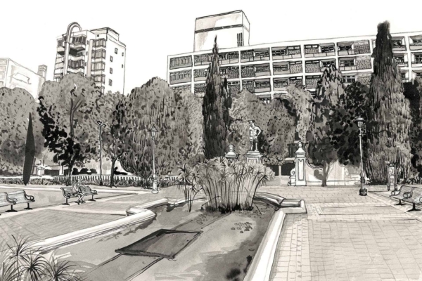 The wallpaper features a black and white sketch of the Company Gardens, showcasing tall trees, benches, lampposts, and a central fountain adorned with plants. The backdrop includes multi-story buildings: a modern apartment complex alongside an older office structure. Key elements include **trees**, **benches**, **lampposts**, **fountain with plants**, **modern apartment complex**, and **older office building**. Predominantly black and white color scheme throughout.