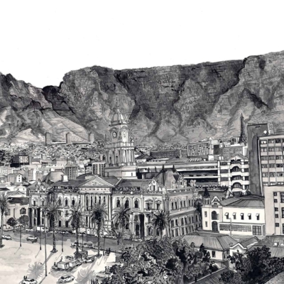 **Black and White Urban Landscape Drawing Wallpaper:**
- **Foreground:** Historical buildings
- **Prominent Feature:** Clock tower
- **City Elements:**
- Dense building structures
- Tree-lined streets
- **Background:**
- Dramatic cliffs
- Mountains framing the Grand Parade below
All elements depicted in monochrome for a striking contrast.