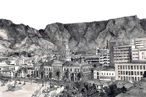 **Black and White Urban Landscape Drawing Wallpaper:**
- **Foreground:** Historical buildings
- **Prominent Feature:** Clock tower
- **City Elements:**
- Dense building structures
- Tree-lined streets
- **Background:**
- Dramatic cliffs
- Mountains framing the Grand Parade below
All elements depicted in monochrome for a striking contrast.