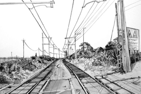 A black and white sketch wallpaper features a railway track stretching into the distance, surrounded by power lines, signposts, and lush vegetation. The rural setting includes a few visible buildings under an expansive sky, evoking serenity similar to Kalk Bay's rail crossing scene. Elements: railway track, power lines, signposts, vegetation, buildings in the background. Colors: black and white scheme only.