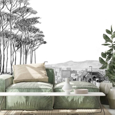 Monochromatic wall mural, tall trees, cityscape, shades of gray, black and white tones.