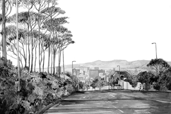 Certainly! Below is a black and white illustration description of a cityscape inspired by Kloof Neck Drive, designed to be searchable as wallpaper:

**Illustration Description:**

- **Foreground:** Hilly street with slight incline
- **Left Side:** Trees lining the road
- **Right Side:** A car parked near a series of buildings
- **Background:**
  - Skyscrapers dotting the skyline in the distance
  - Majestic mountains rising behind the skyscrapers

**Searchable Elements & Colors:**

- Black and white cityscape wallpaper
- Hilly street view reminiscent of Kloof Neck Drive
- Line of trees (left side)
- Parked car (right side, near buildings)
- Distant skyscrapers 
- Mountain backdrop