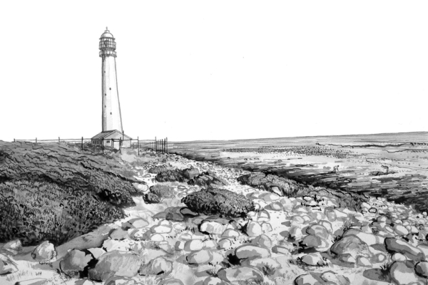 A black and white illustration of a rocky coastal landscape featuring the Kommetjie Lighthouse on the left. The lighthouse sits on rugged terrain with shrubbery. The ocean extends to the horizon to the right under a clear sky, creating a serene atmosphere.
Elements: Rocky coastal landscape, Kommetjie Lighthouse, rugged terrain, shrubbery, ocean horizon, clear sky
Colors: Black and white
