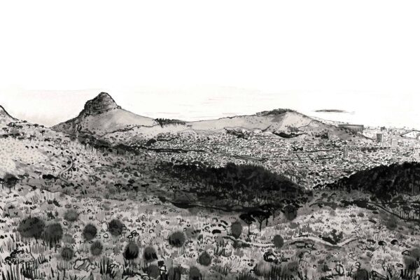 A black and white illustration depicts a vast landscape with mountains and a sprawling city below. The foreground includes detailed vegetation and hilly terrain, suitable for hiking. Notable background elements feature peaks like Lions Head in South Africa and urban structures in grayscale.